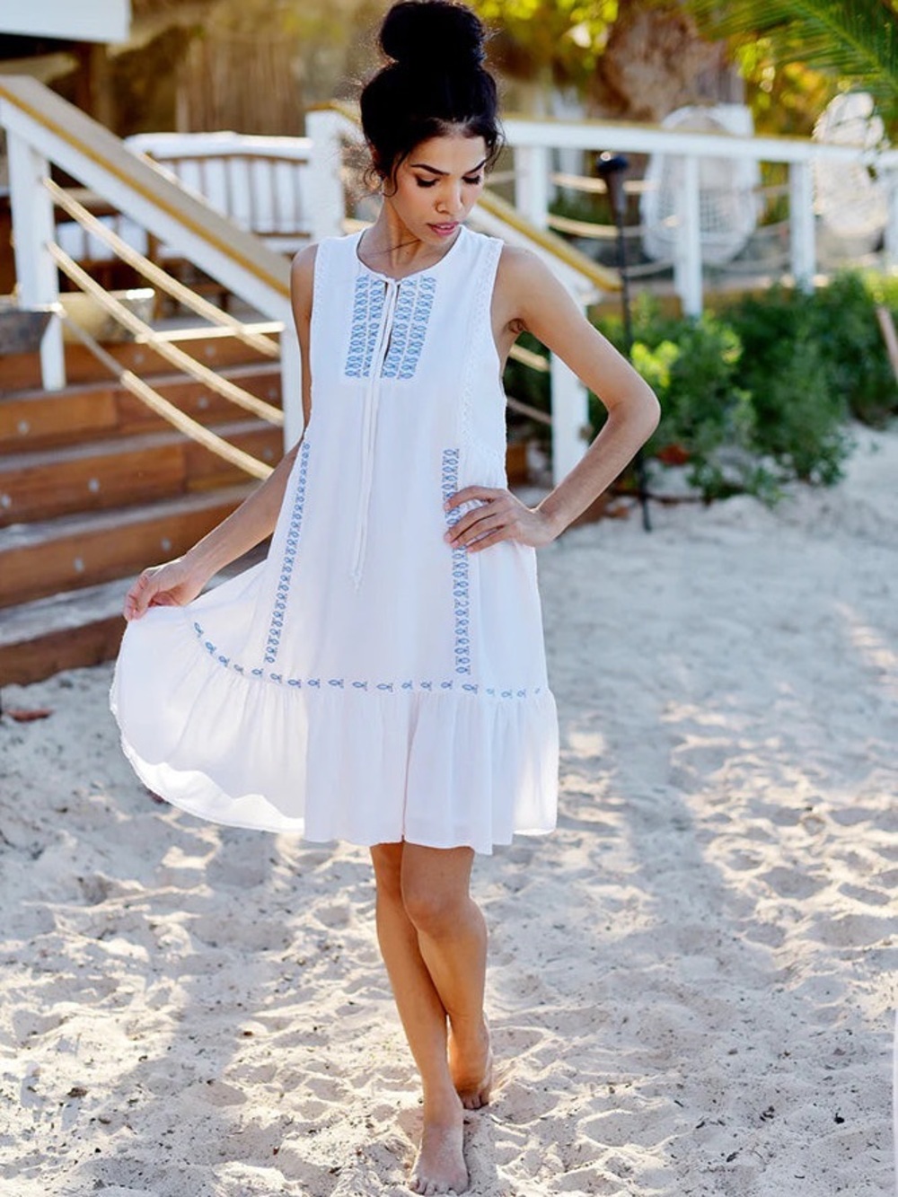 Hiho Calypso White Dress Fish Sardine Embroidered Beach Cover-Up Dress Boho